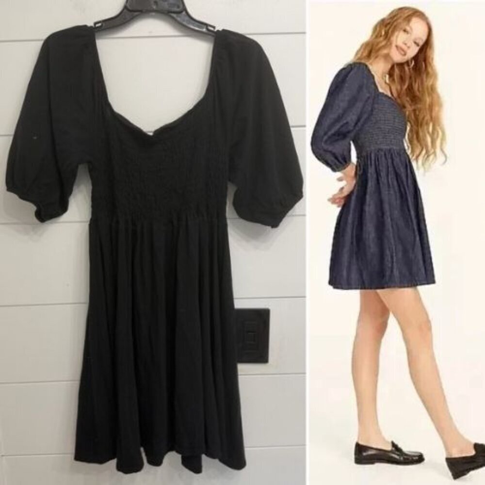 J. Crew Black Smocked Cotton Mini Dress Size Medium 36125